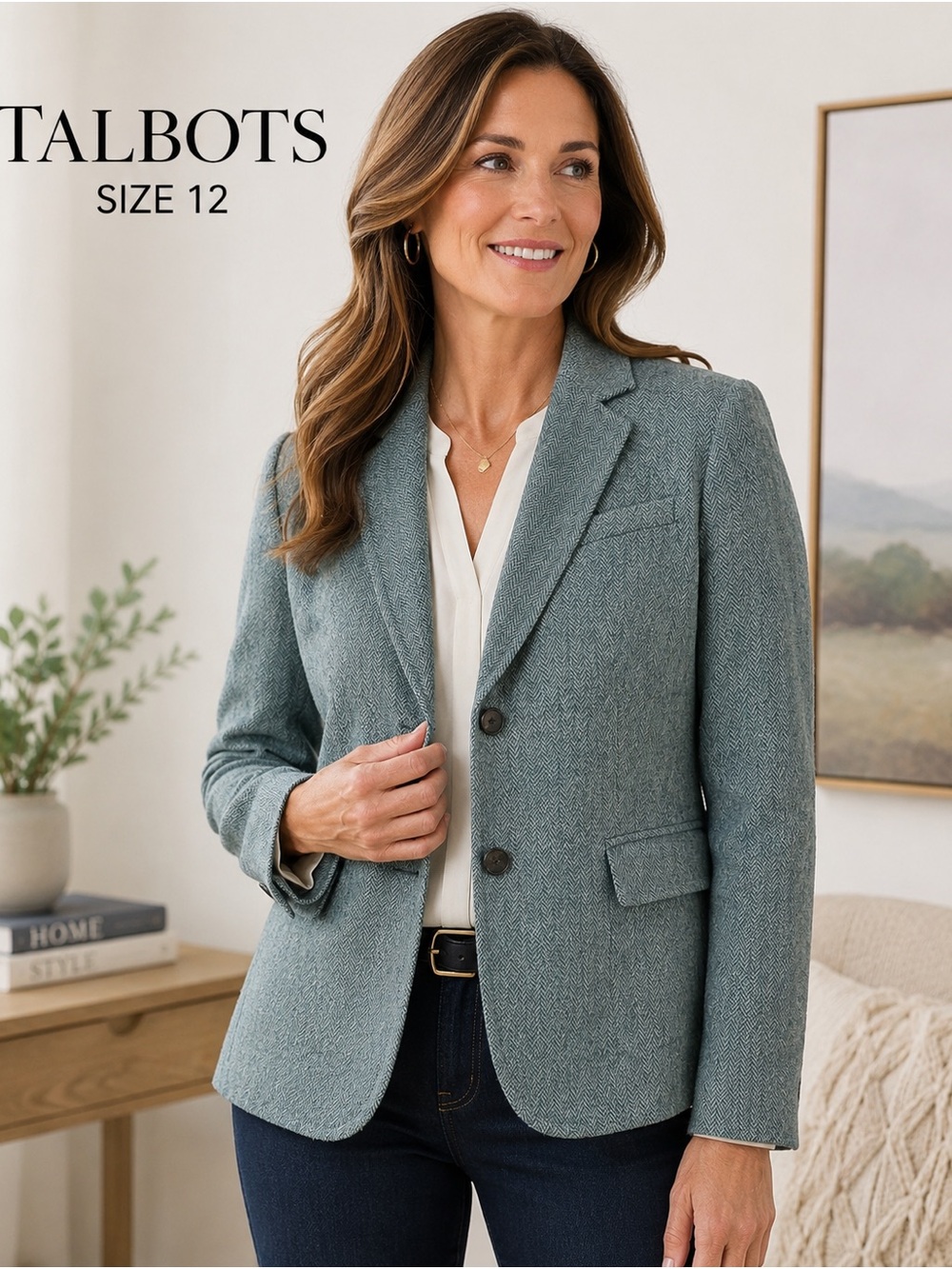 Talbots Women’s Blazer Size 12 Blue Gray Herringbone Wool Blend 2 Button Jacket